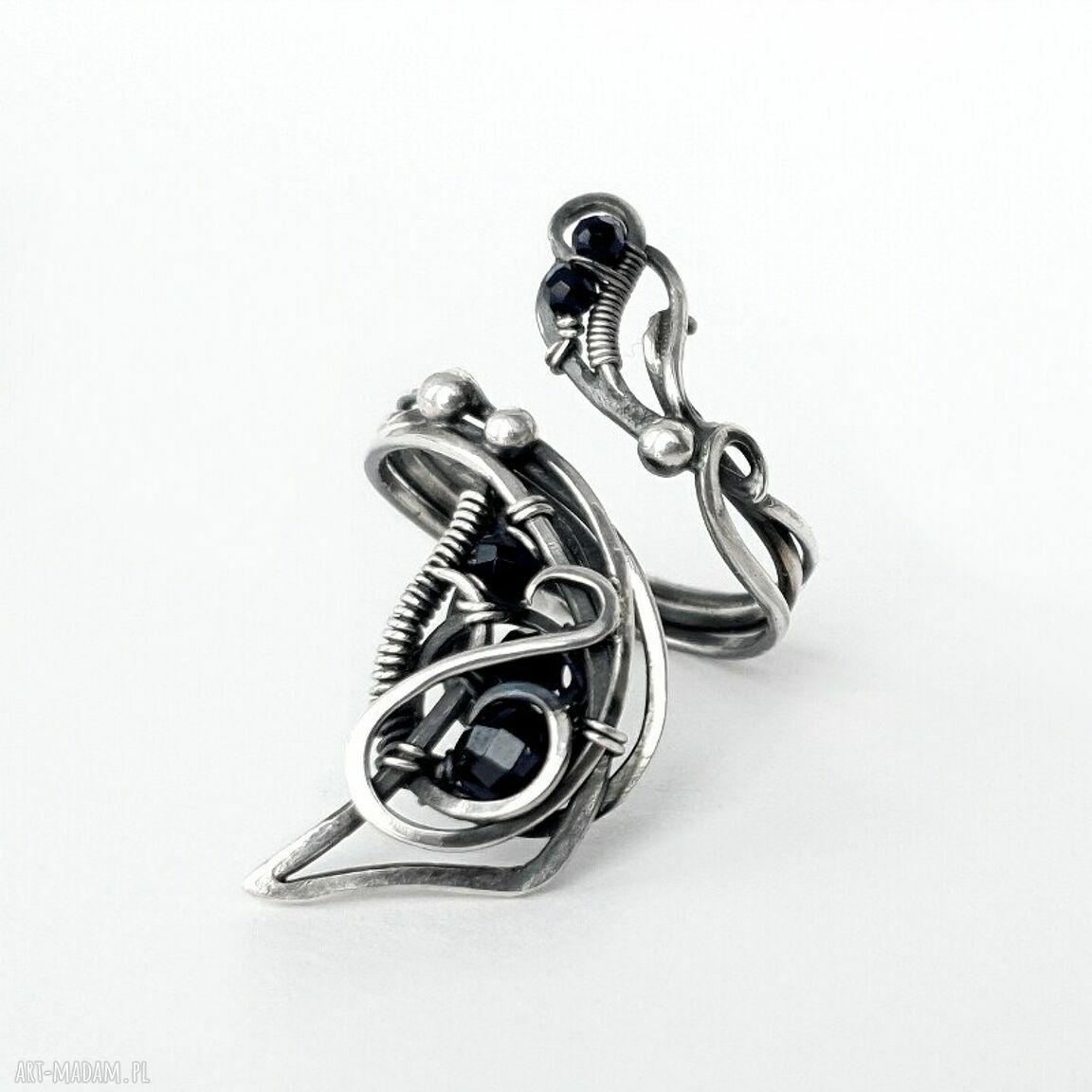 Naja srebrny pierścionek z spinelami, wire wrapping, regulowany