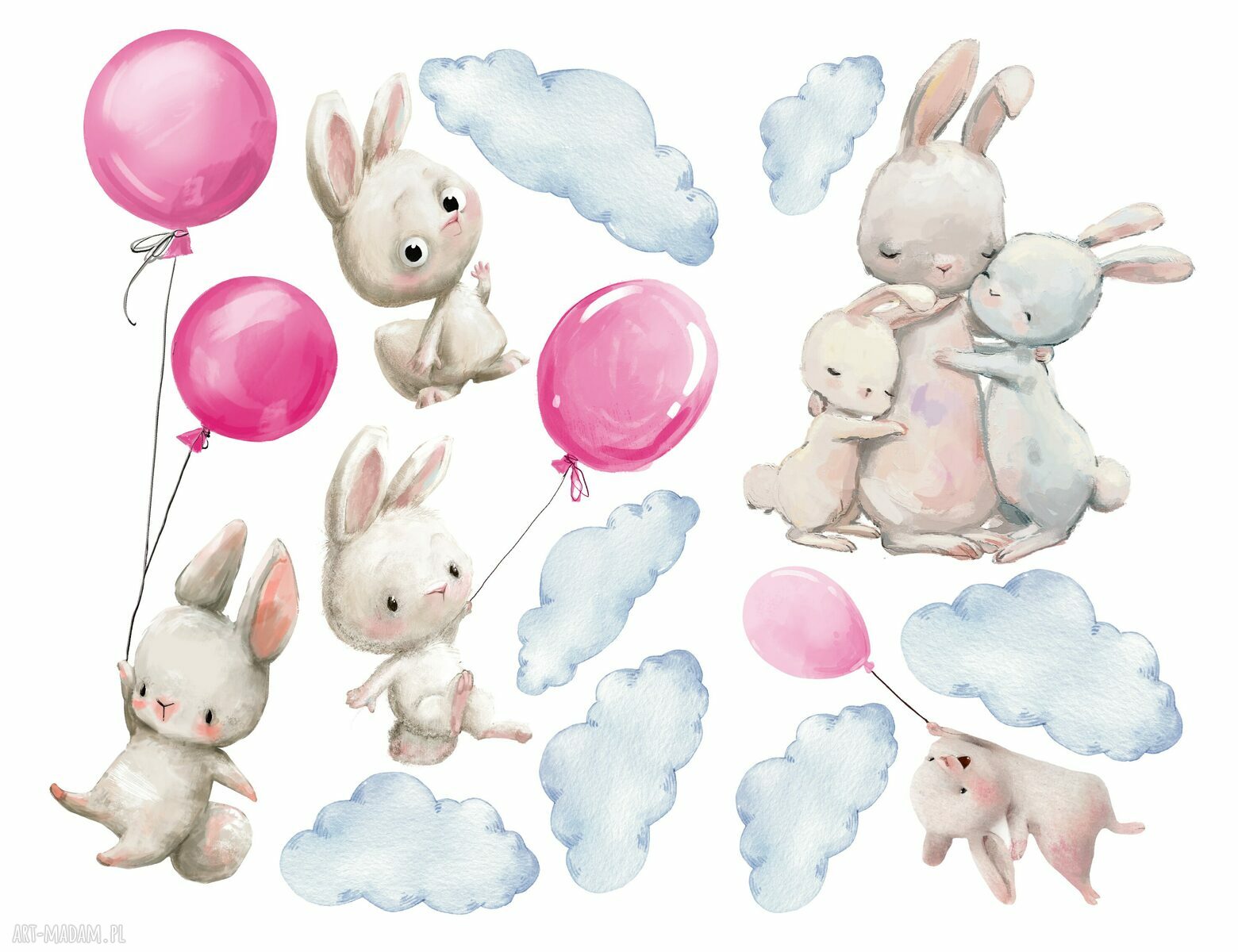 Naklejki na ścianę Króliczki i Balony w różu