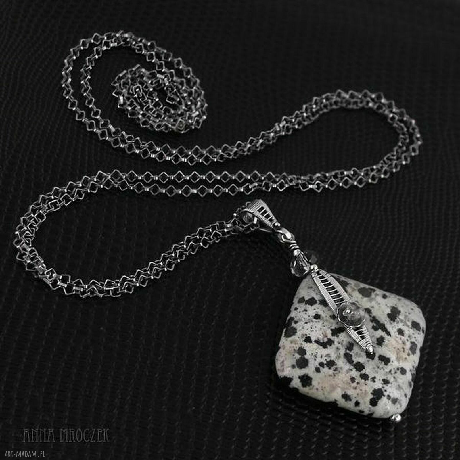 Nakrapiany naszyjnik z diamentem, jaspisem dalmatyńczyk i kryształem Swarovskiego - wire wrapping
