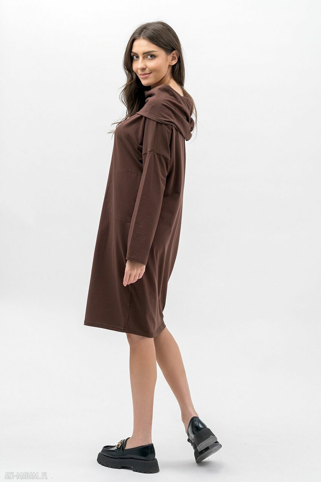 Sukienka Nana Czekolada z kominem 3w1 - boho oversize z kieszeniami