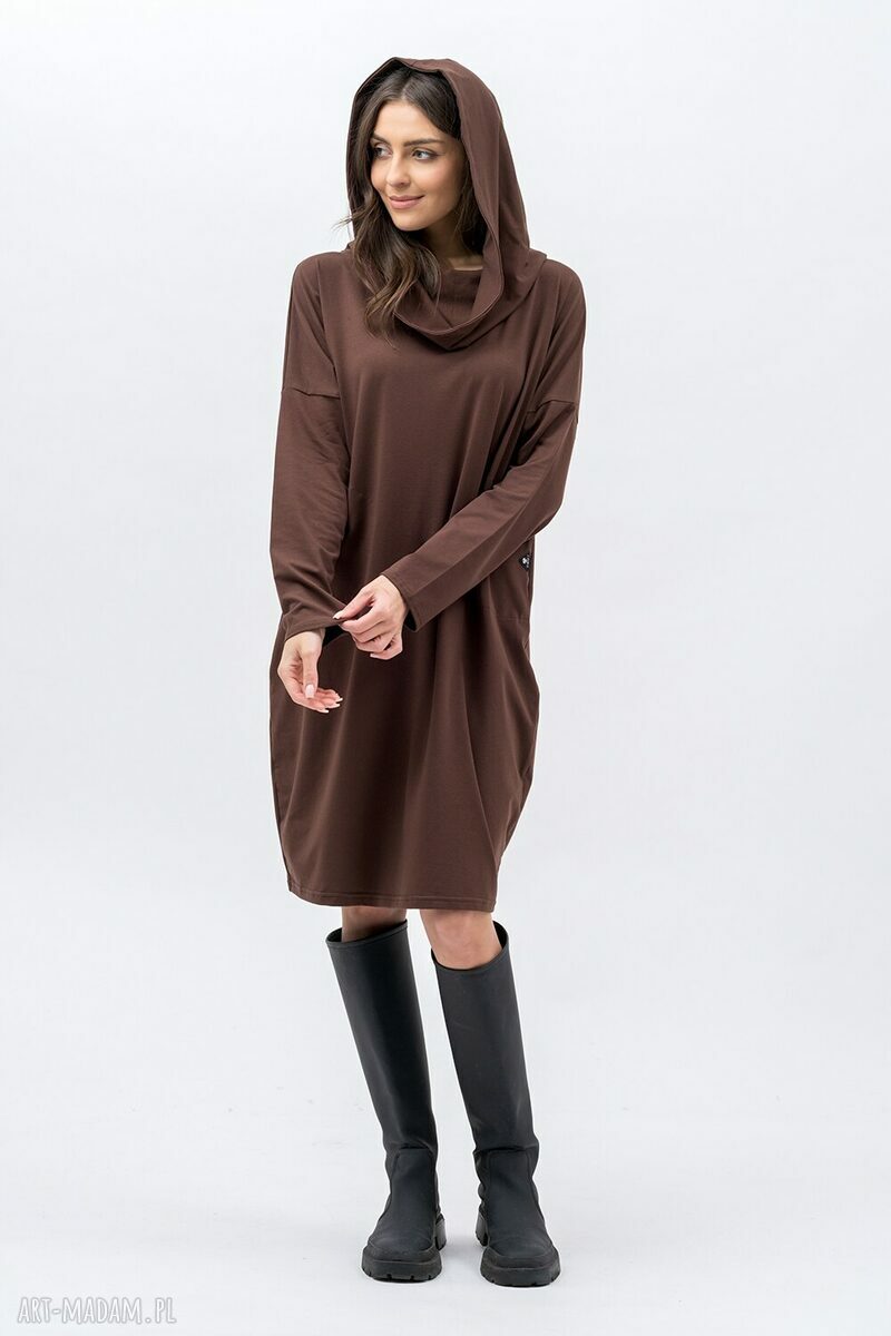 Sukienka Nana Czekolada z kominem 3w1 - boho oversize z kieszeniami