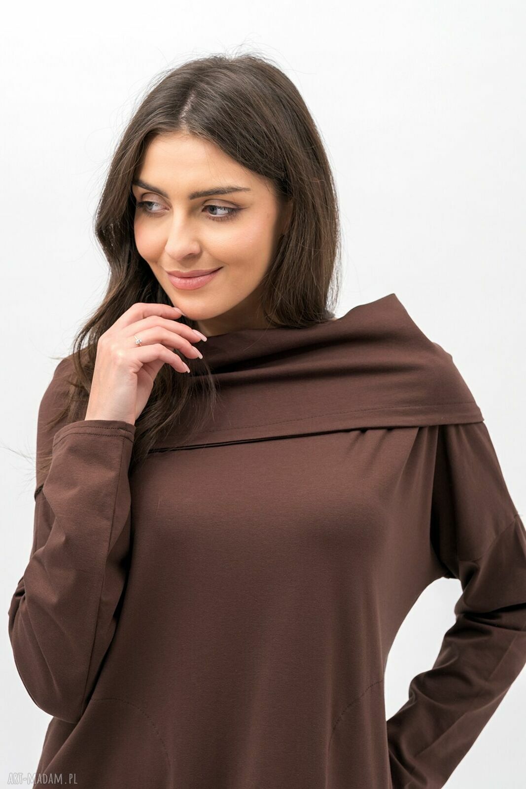Sukienka Nana Czekolada z kominem 3w1 - boho oversize z kieszeniami