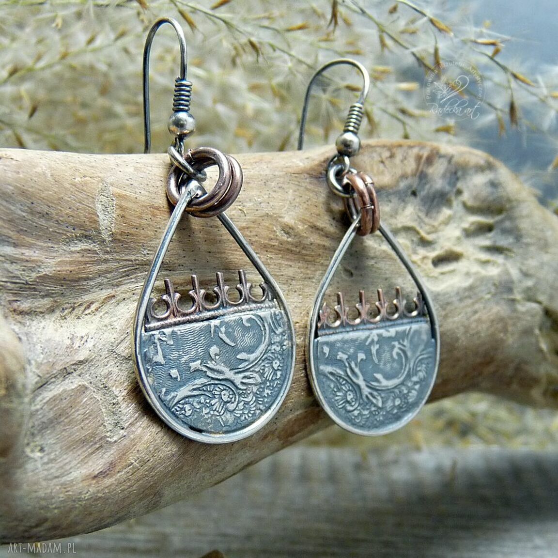 Boho srebrne kolczyki Nanako - oksydowane motywy folkowe 48 mm