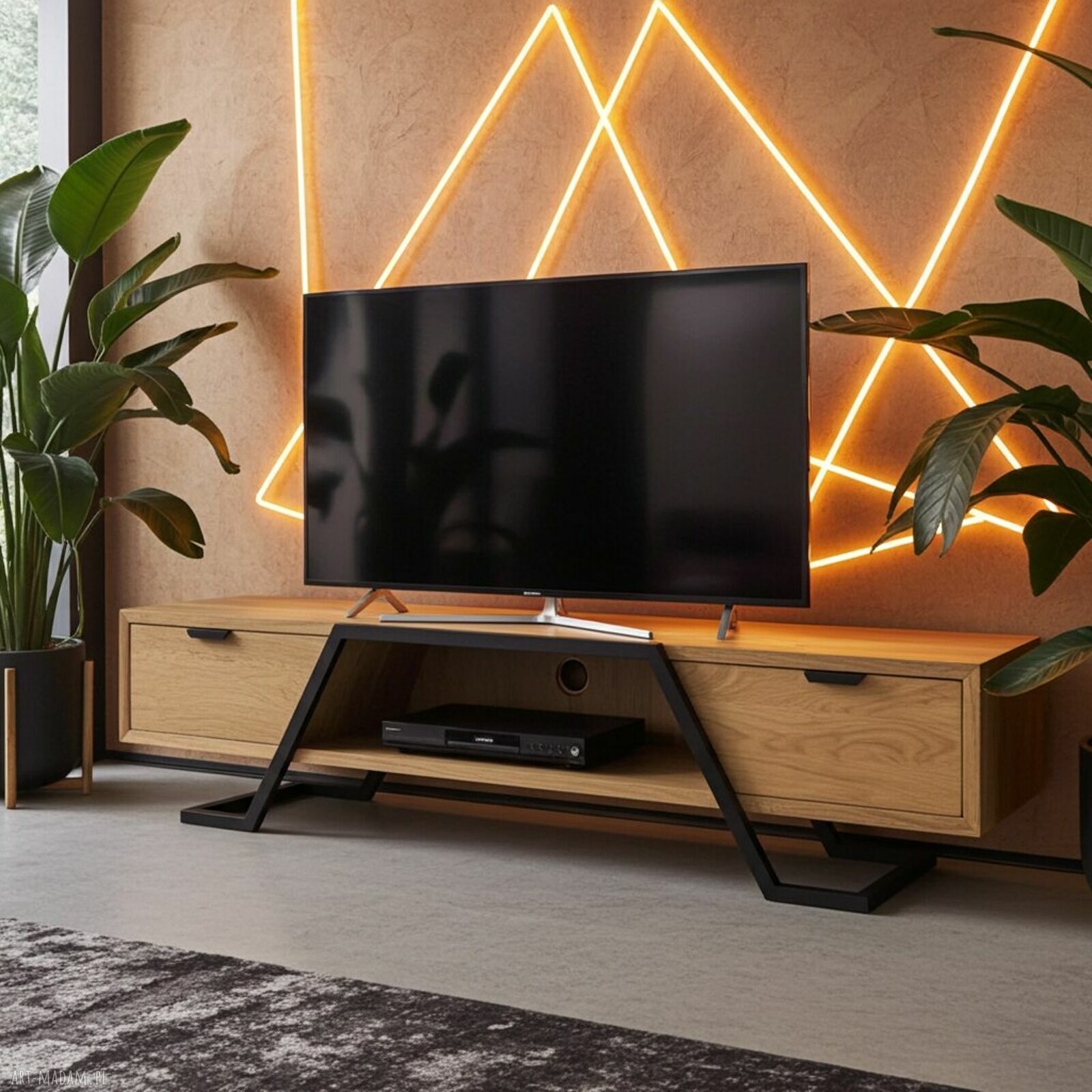 NANO szafka RTV z litego drewna dębowego na stalowej ramie (handmade)