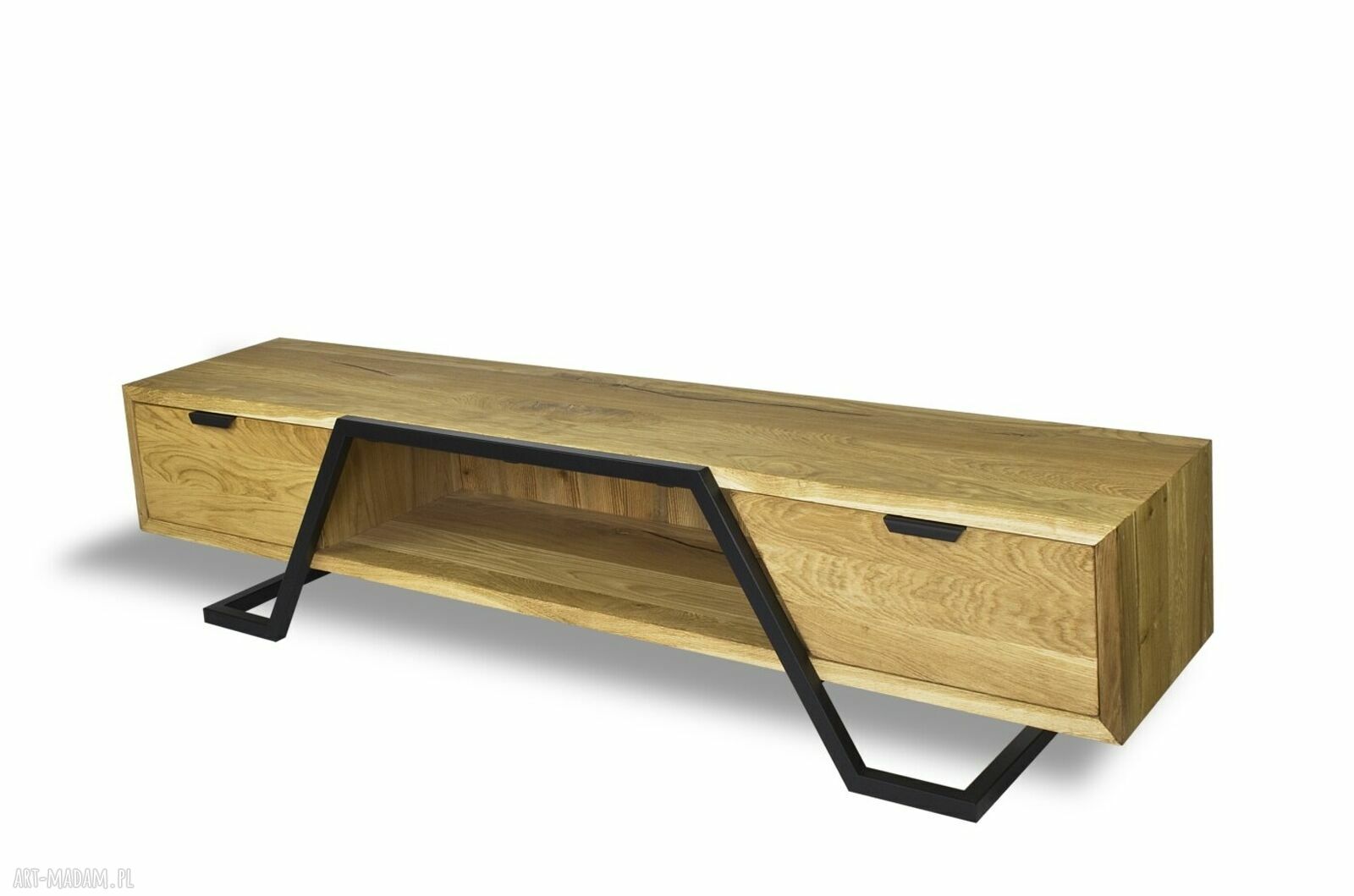 NANO szafka RTV z litego drewna dębowego na stalowej ramie (handmade)