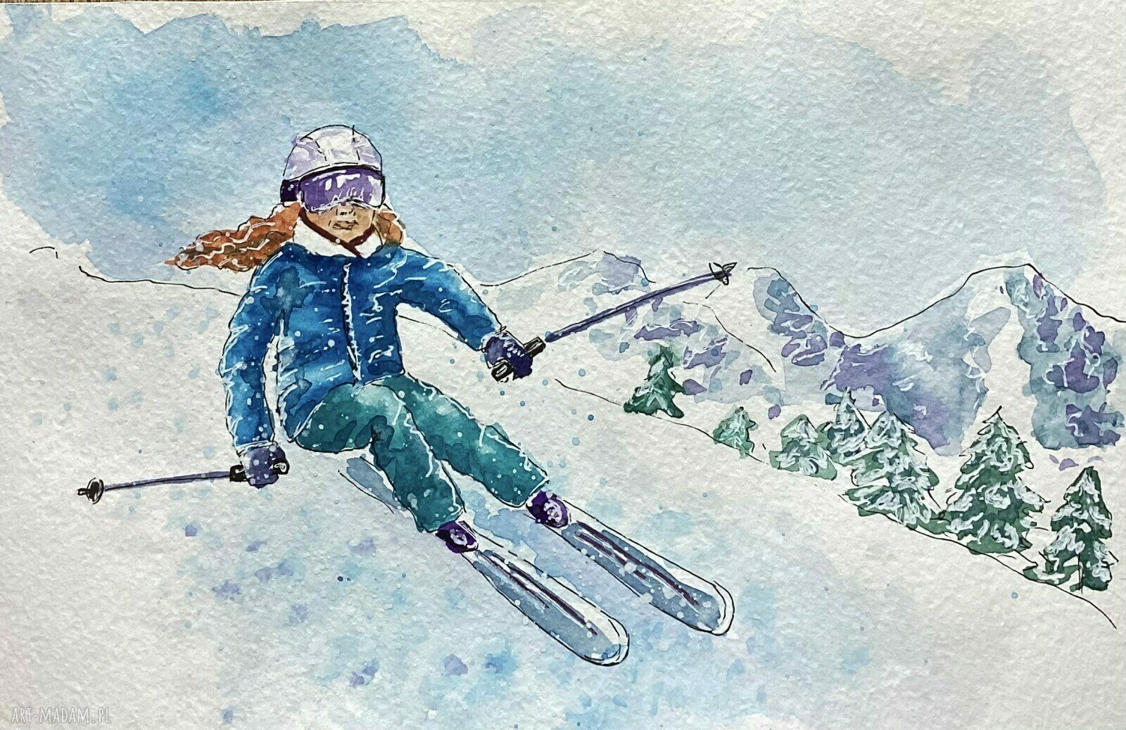 Akwarela „Narciarzka” - zimowy szkic 13x20, bez ramki
