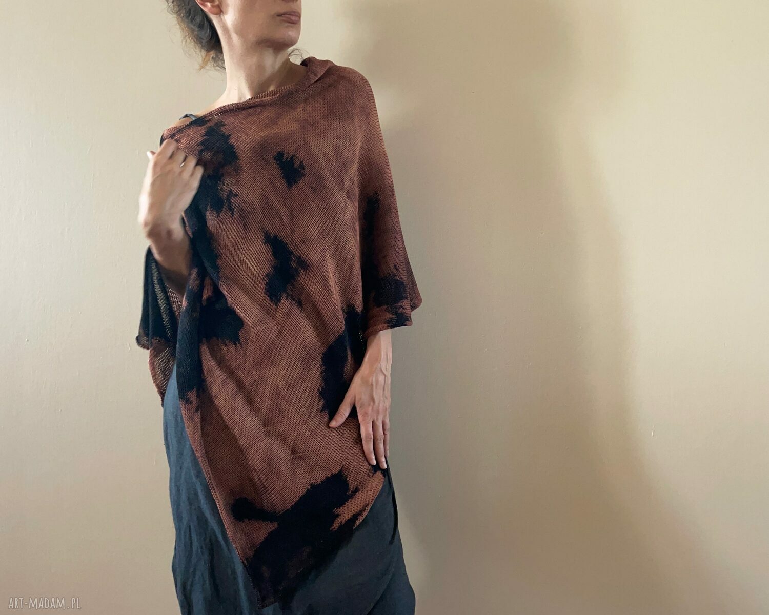 Narzutka bawełniana brown&black - ręcznie barwione ponczo tunika (one size)