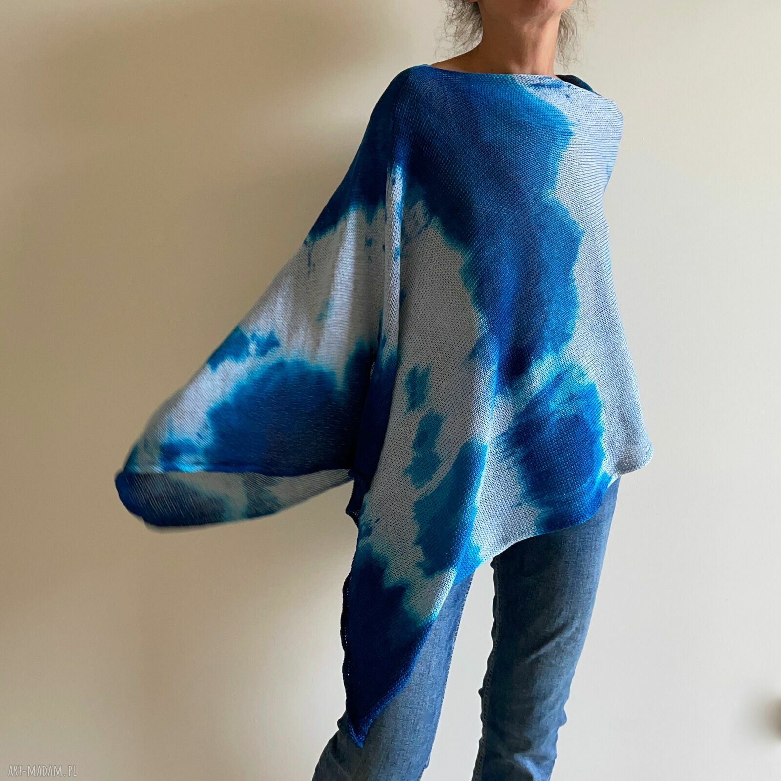 Narzutka bawełniana Blue&Gray - ręcznie barwione poncho Anna Damzyn