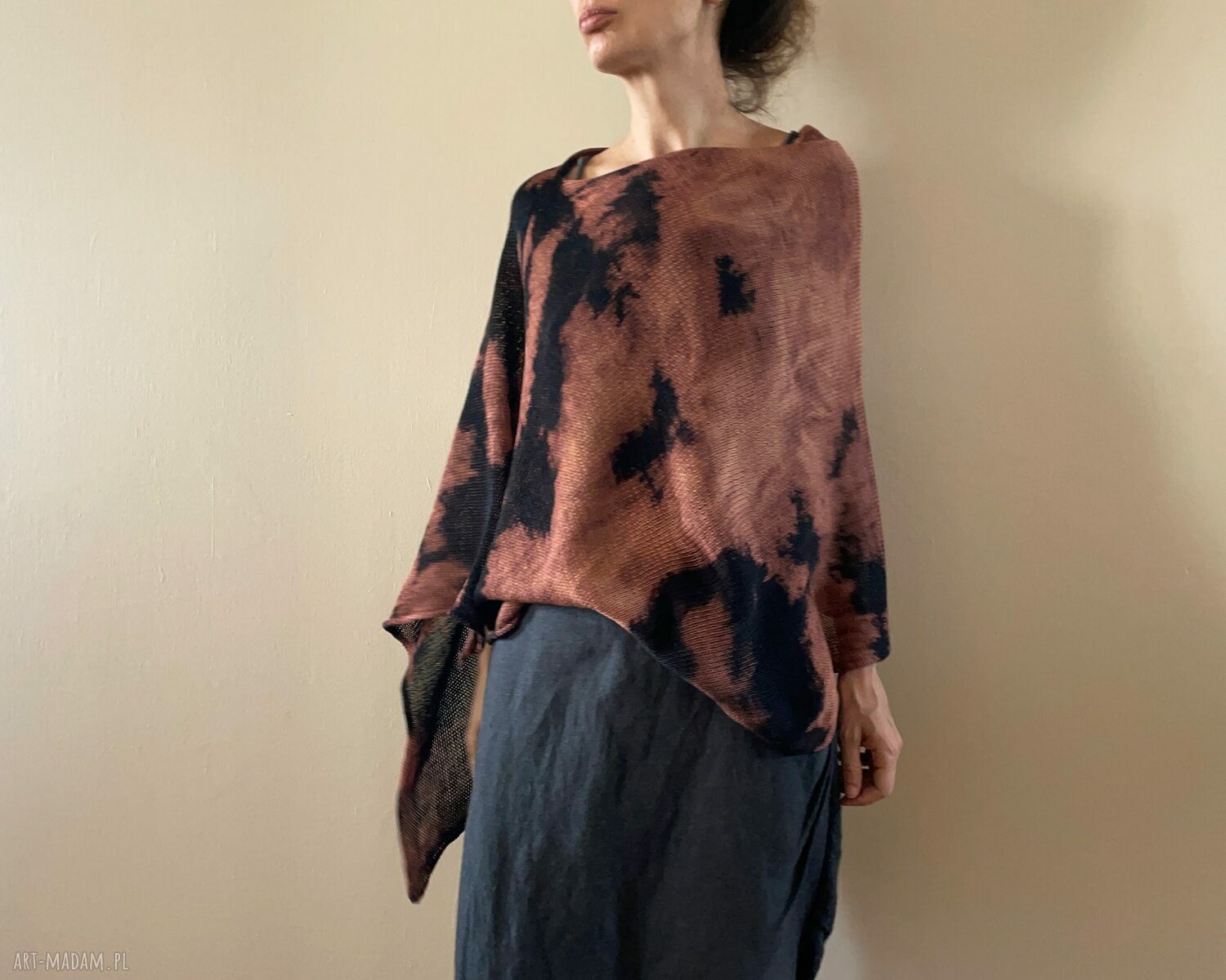 Narzutka bawełniana brown&black - ręcznie barwione ponczo tunika (one size)