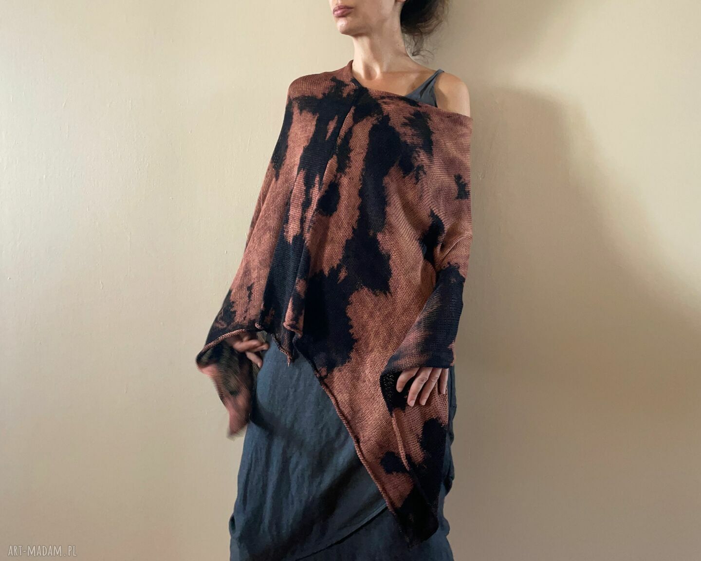 Narzutka bawełniana brown&black - ręcznie barwione ponczo tunika (one size)