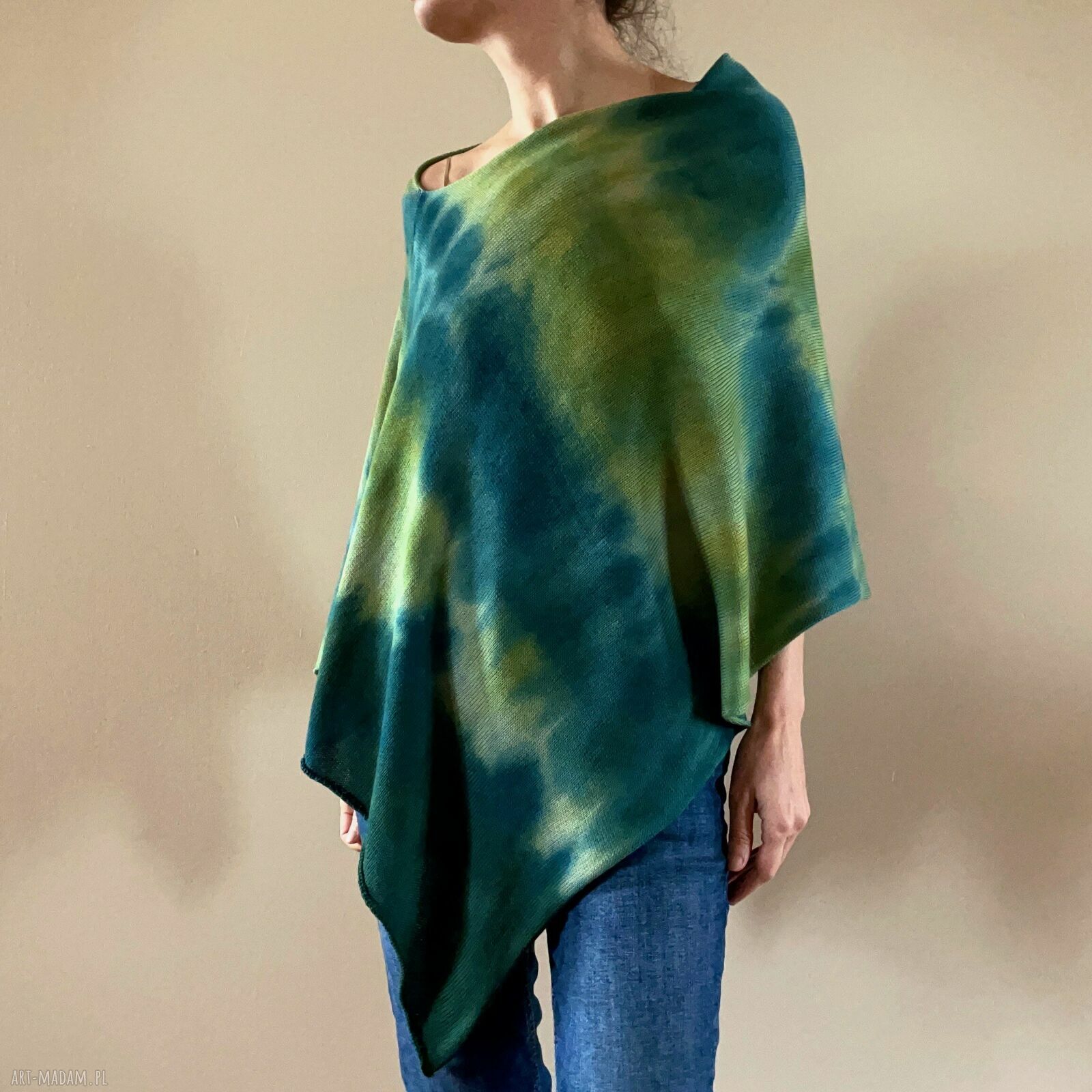 Narzutka bawełniana oliwka i morski - ponczo tunika handmade