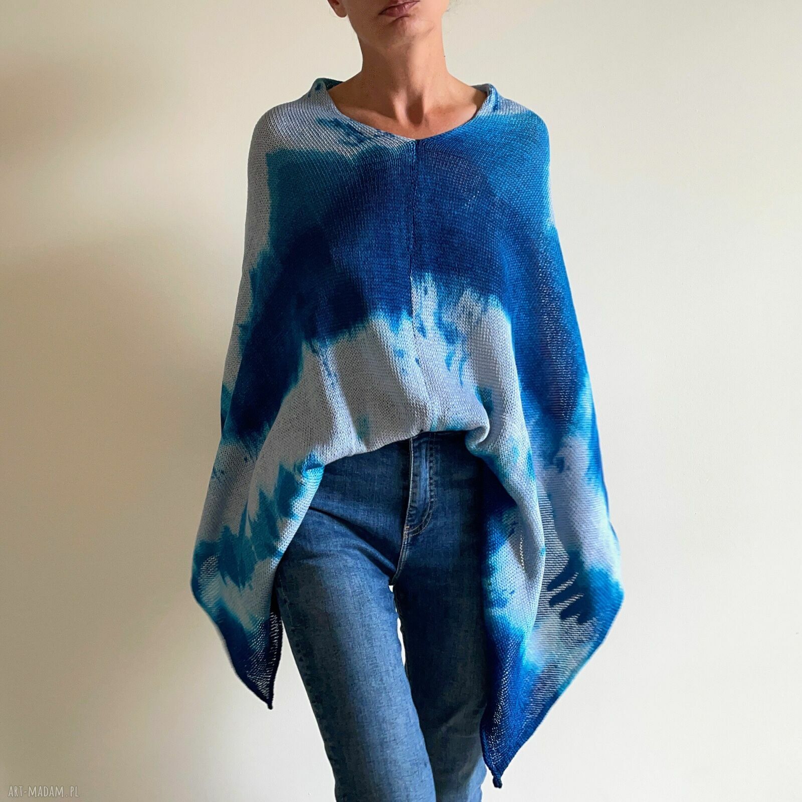 Narzutka bawełniana Blue&Gray - ręcznie barwione poncho Anna Damzyn