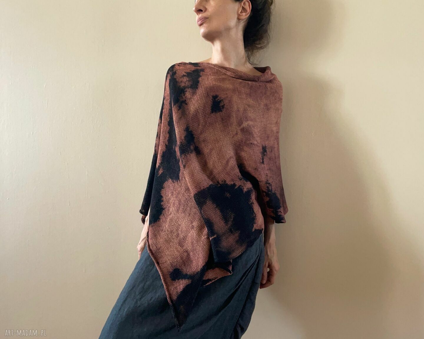 Narzutka bawełniana brown&black - ręcznie barwione ponczo tunika (one size)