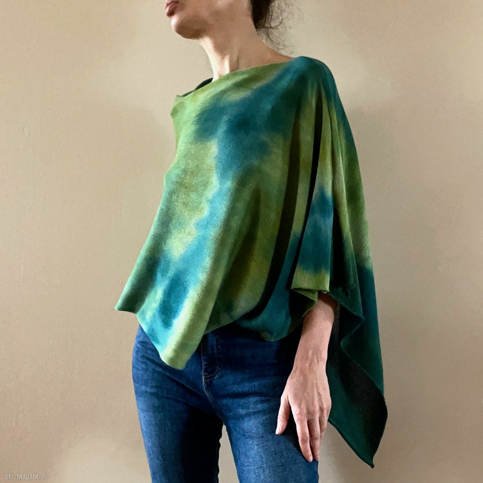 Narzutka bawełniana oliwka i morski - ponczo tunika handmade