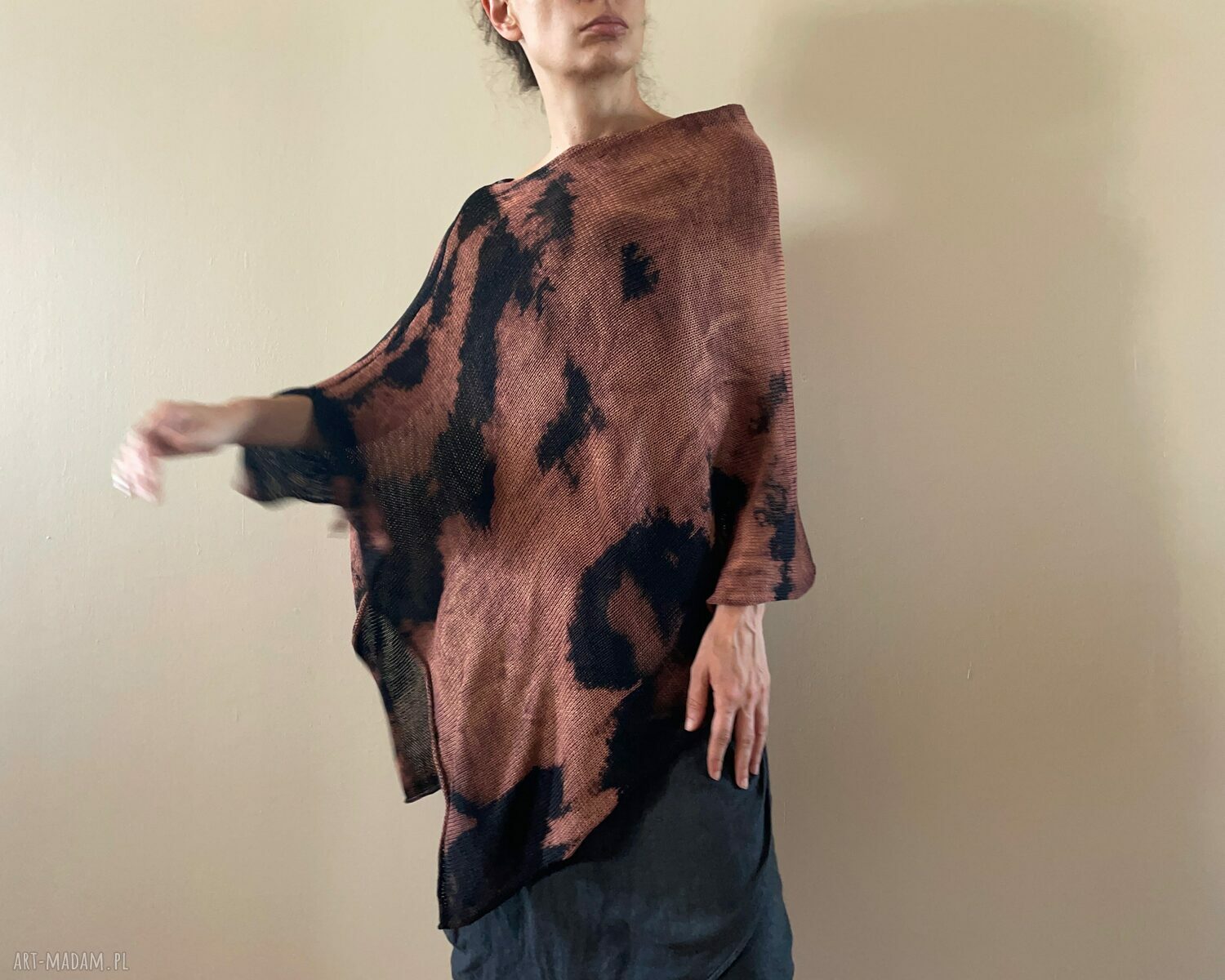 Narzutka bawełniana brown&black - ręcznie barwione ponczo tunika (one size)