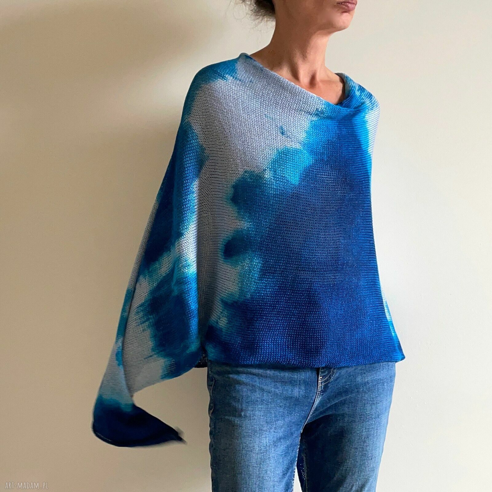 Narzutka bawełniana Blue&Gray - ręcznie barwione poncho Anna Damzyn