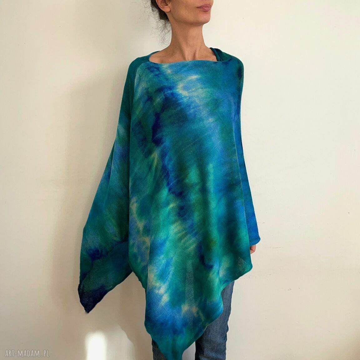 Ciepłe ponczo z wełny merino szmaragd&blue (oversize)