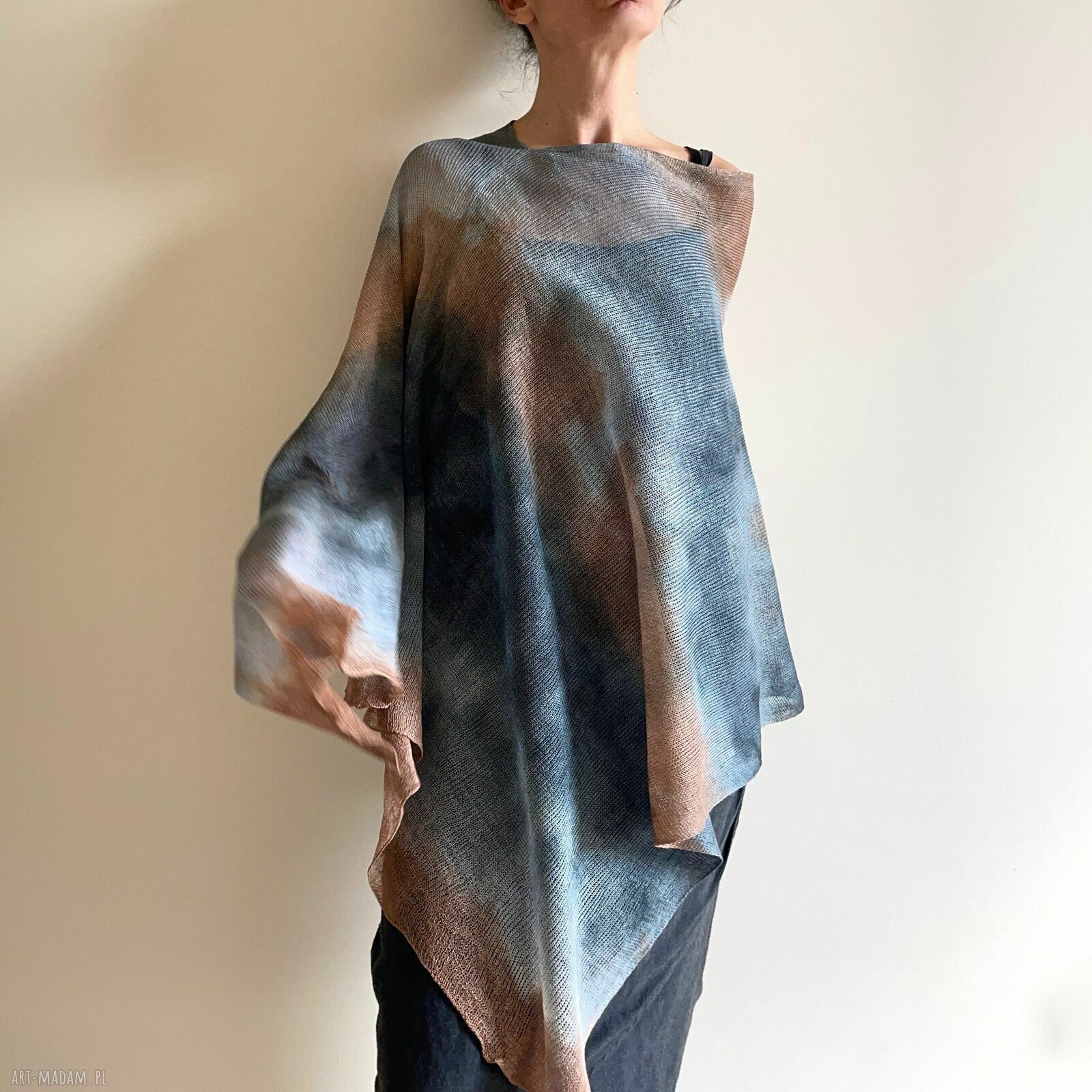Narzutka lniana beż i szary - tuniko-poncho one size