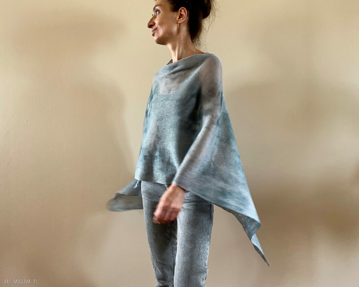 Narzutka lniana w szarościach - poncho oversize damskie