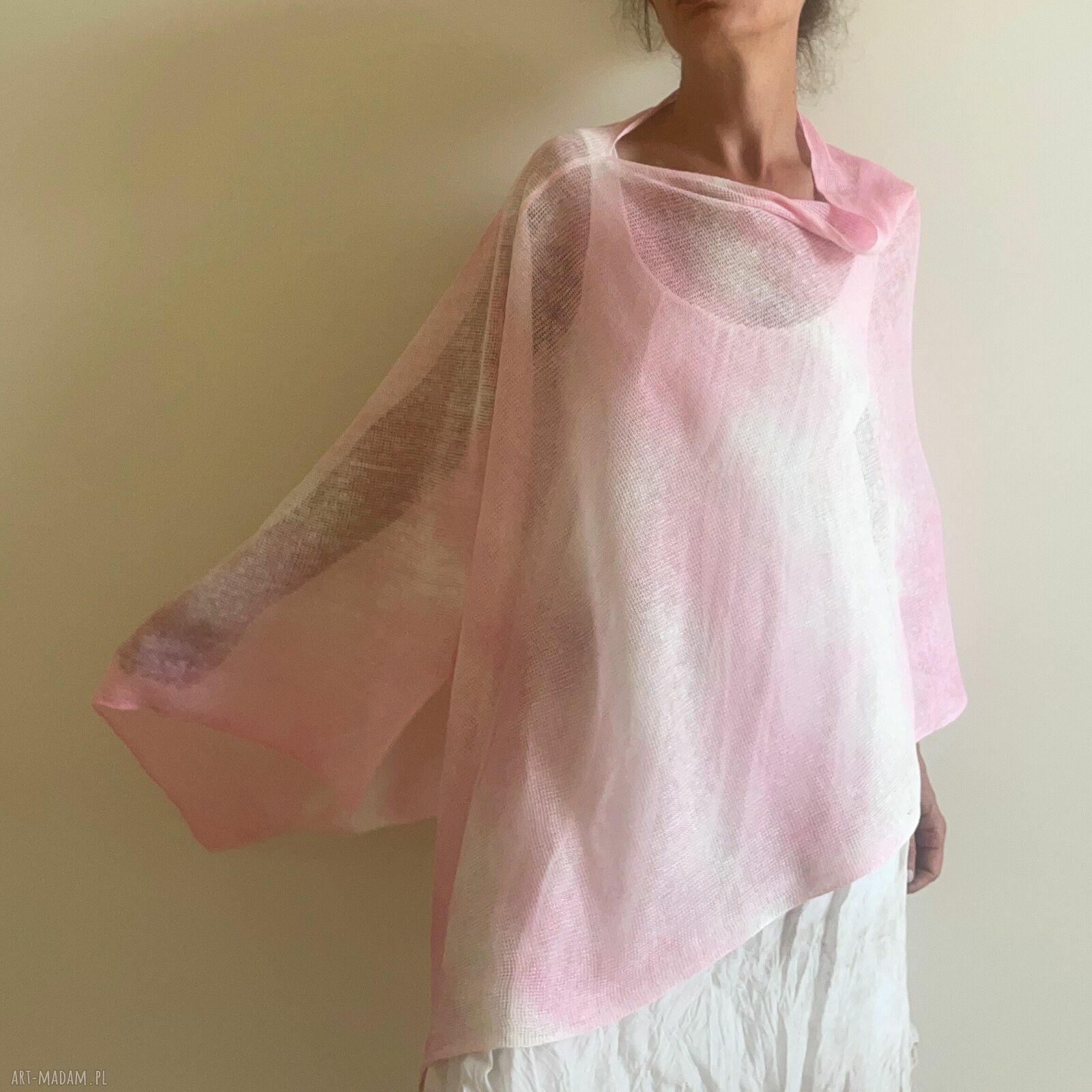Narzutka lniana w jasnym różu - poncho handmade na dzień i na uroczyste wyjście