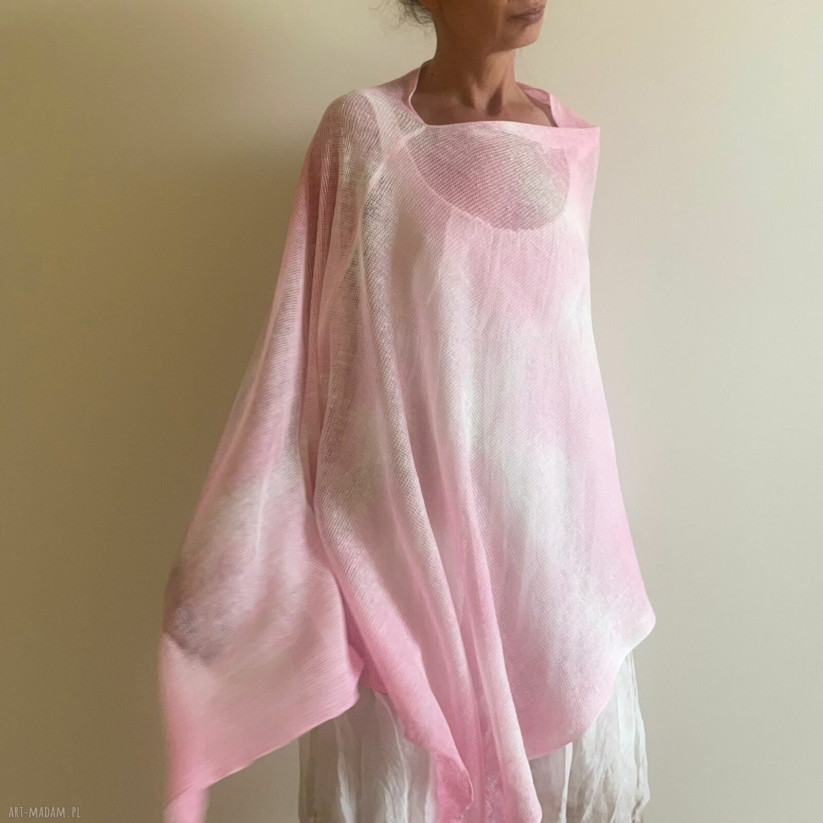 Narzutka lniana w jasnym różu - poncho handmade na dzień i na uroczyste wyjście