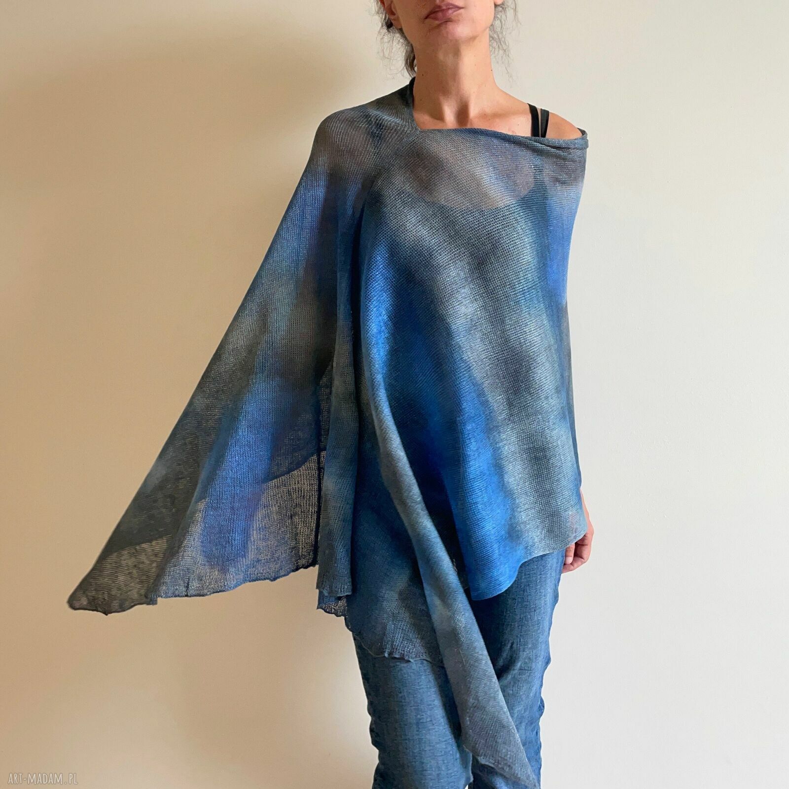 Niebiesko-szara lniana narzutka ponczo handmade