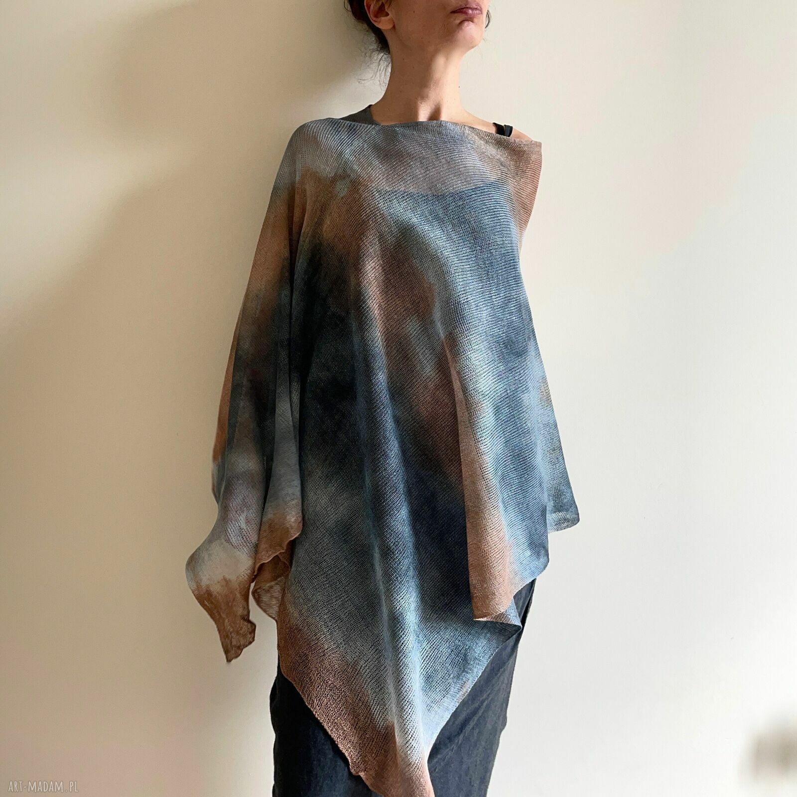 Narzutka lniana beż i szary - tuniko-poncho one size