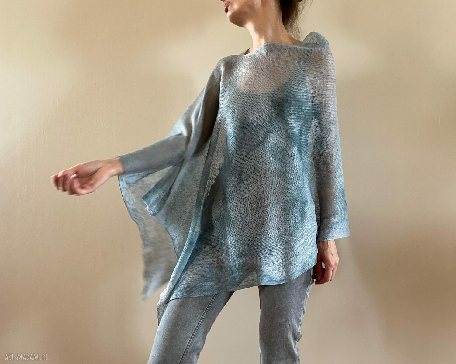 Narzutka lniana w szarościach - poncho oversize damskie