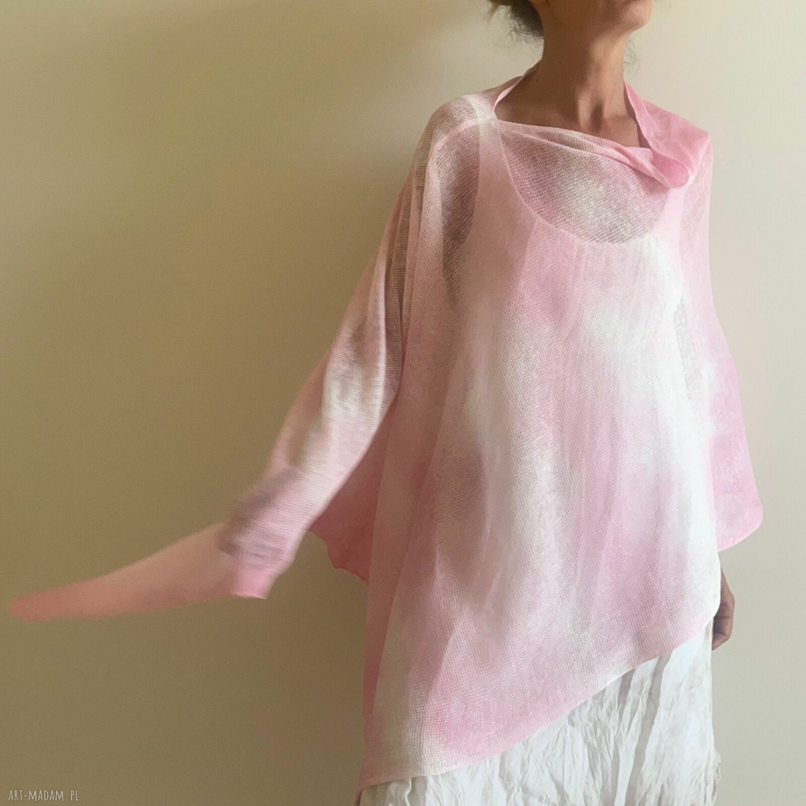 Narzutka lniana w jasnym różu - poncho handmade na dzień i na uroczyste wyjście