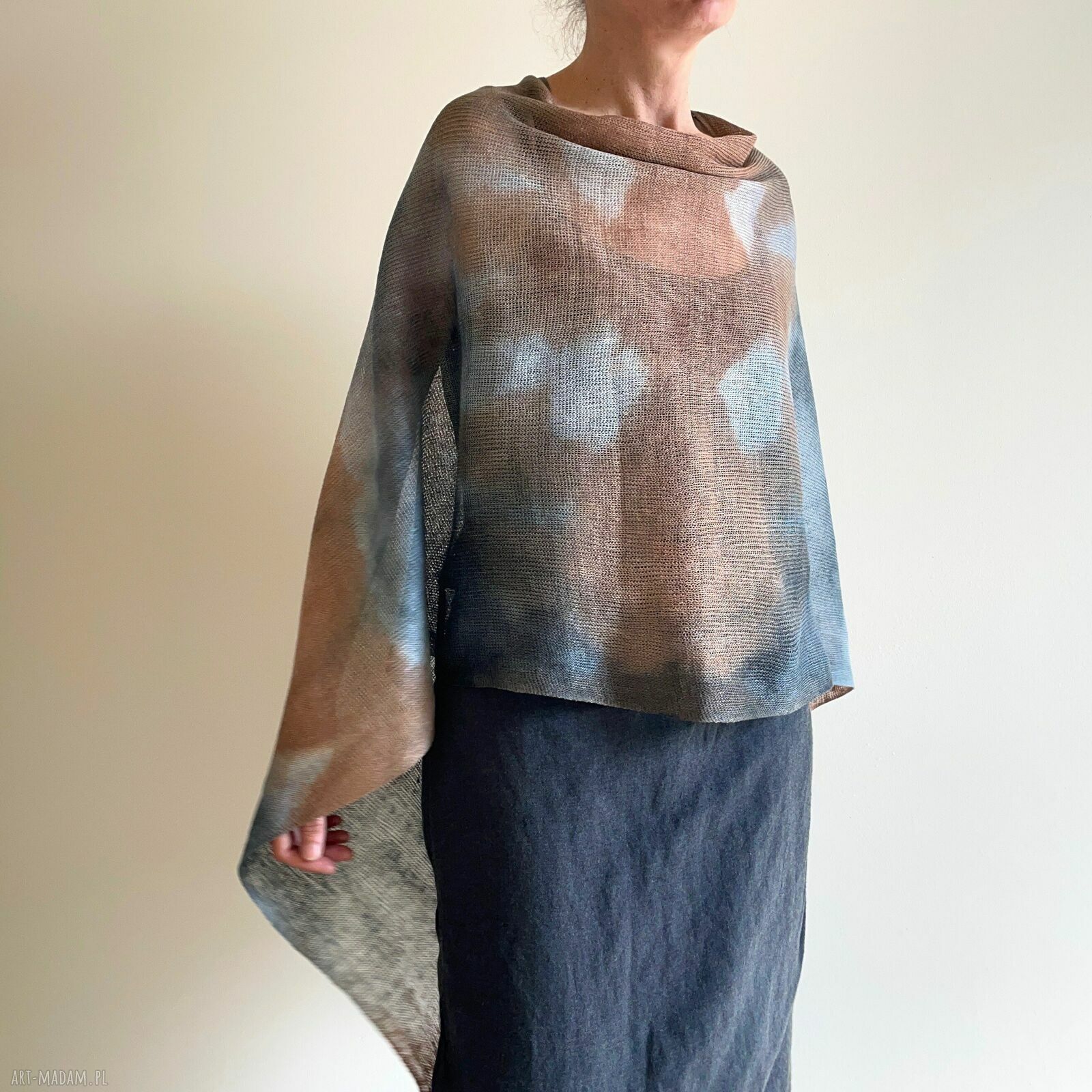Narzutka lniana beż i szary - tuniko-poncho one size