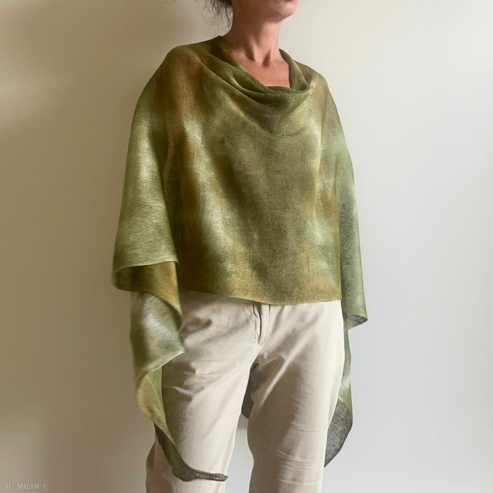 Narzutka lniana w ciepłych zieleniach - ponczo-tunika z lnu (one size S/M/L)