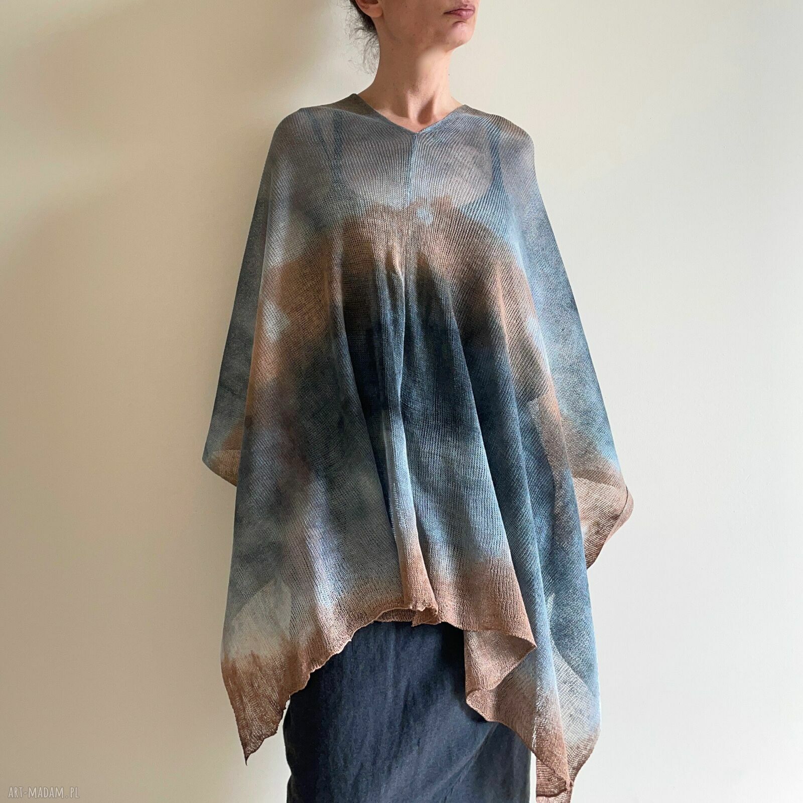 Narzutka lniana beż i szary - tuniko-poncho one size