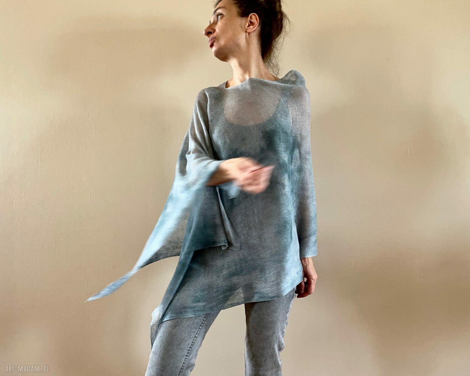 Narzutka lniana w szarościach - poncho oversize damskie