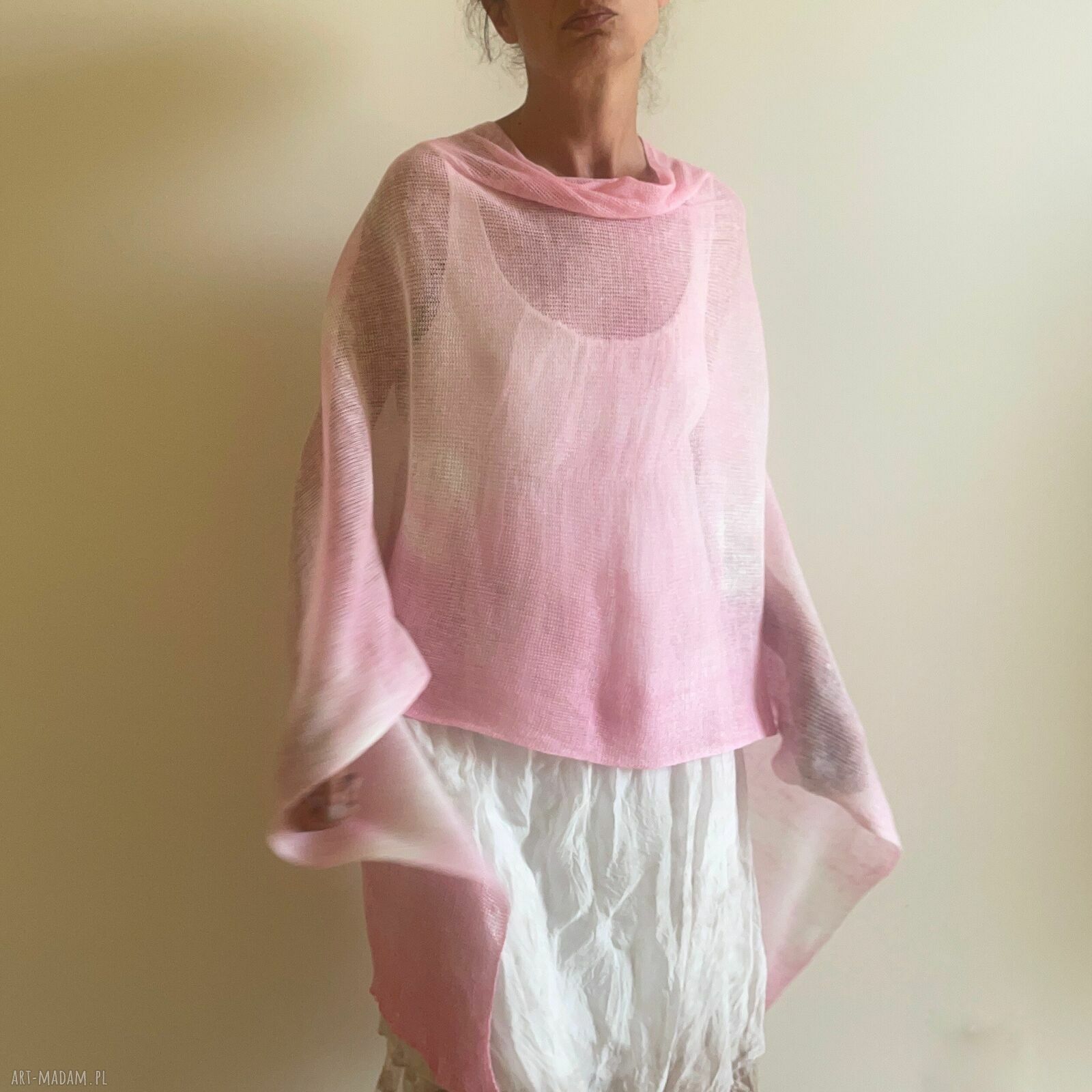 Narzutka lniana w jasnym różu - poncho handmade na dzień i na uroczyste wyjście