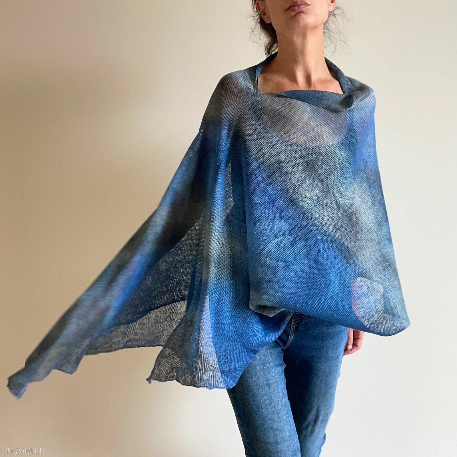 Niebiesko-szara lniana narzutka ponczo handmade