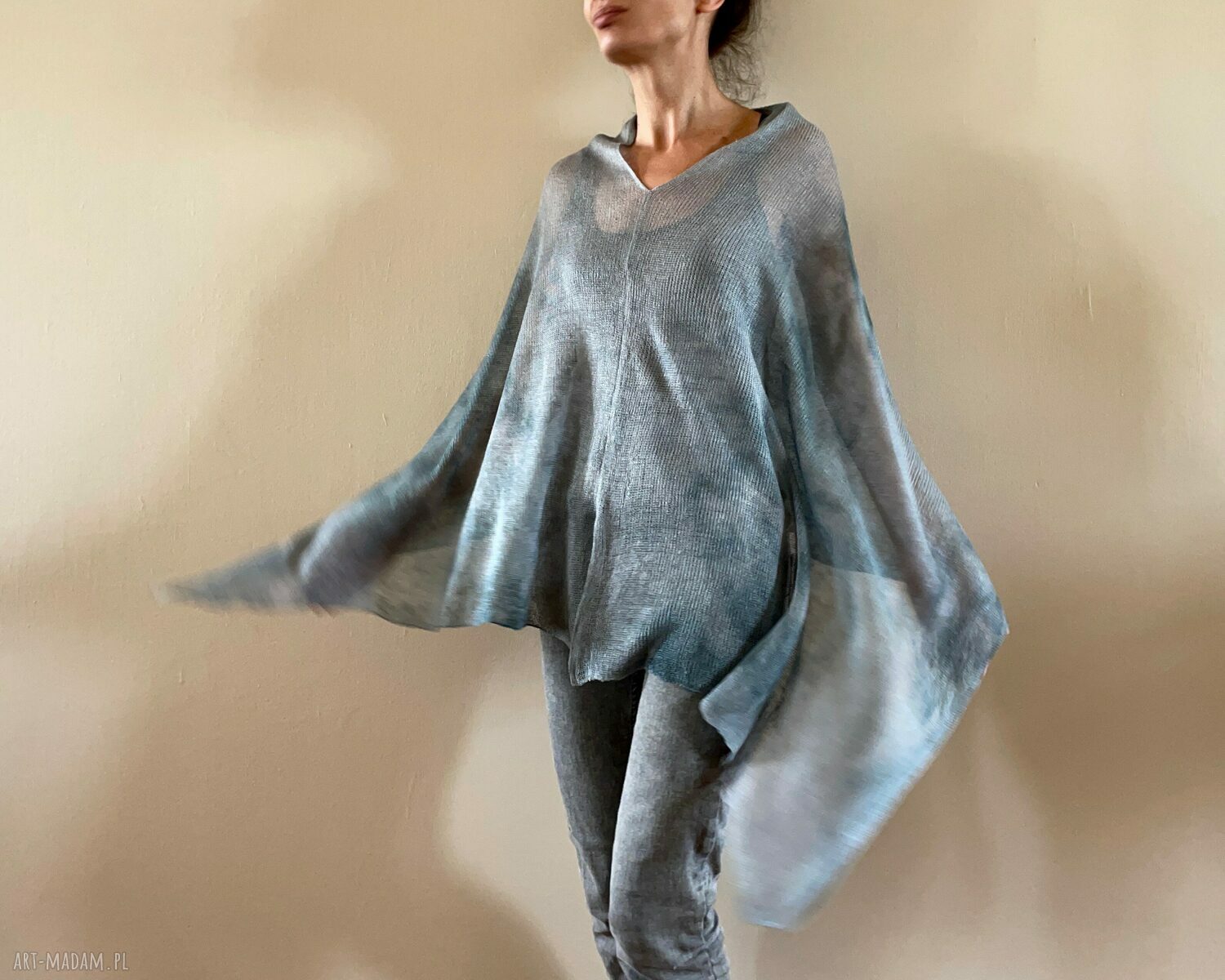 Narzutka lniana w szarościach - poncho oversize damskie