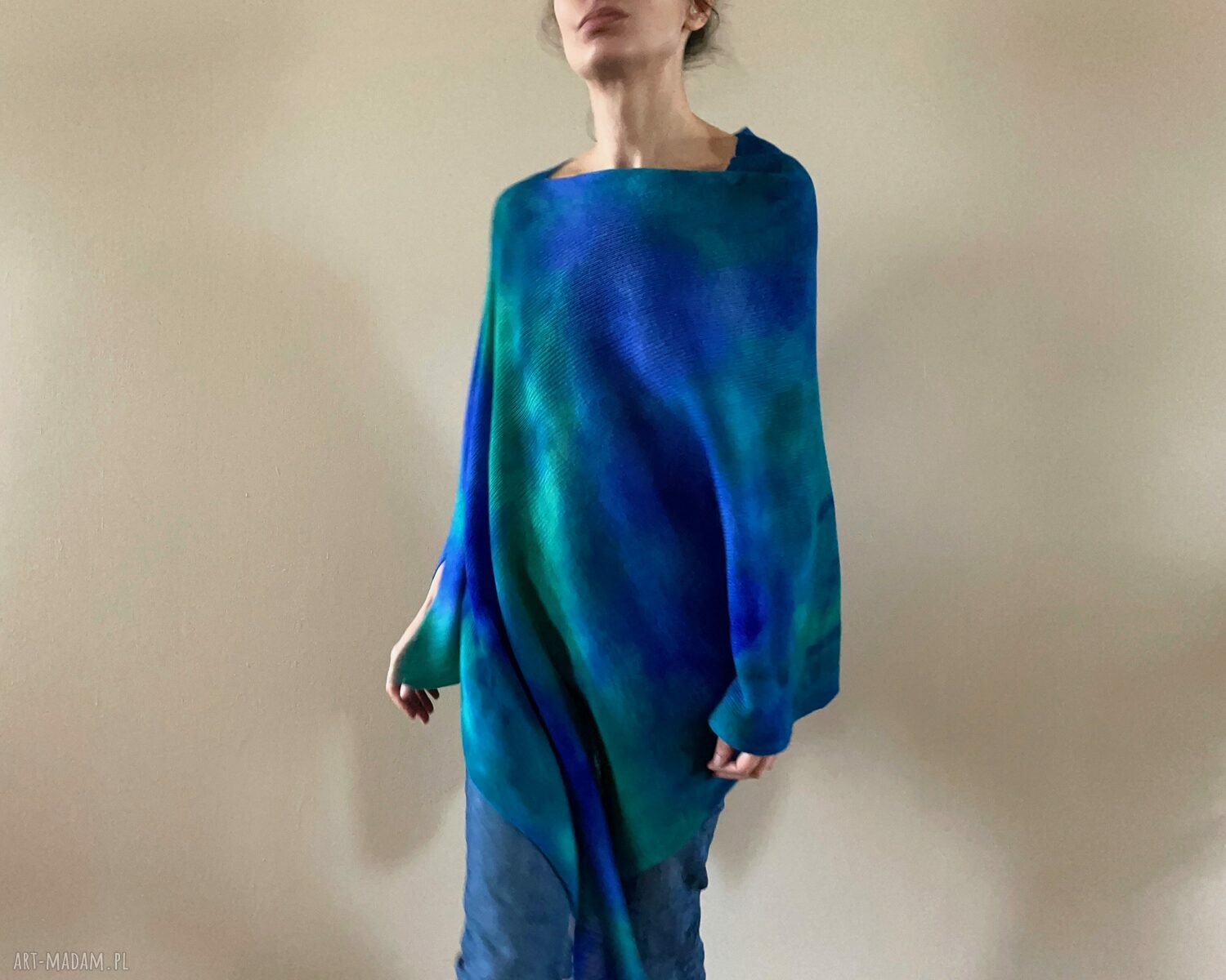 Narzutka z merynosów blue&green - poncho na wiosenne i jesienne chłody