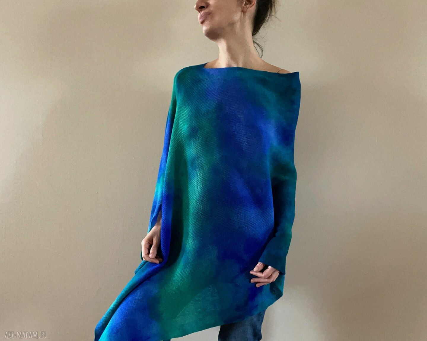 Narzutka z merynosów blue&green - poncho na wiosenne i jesienne chłody