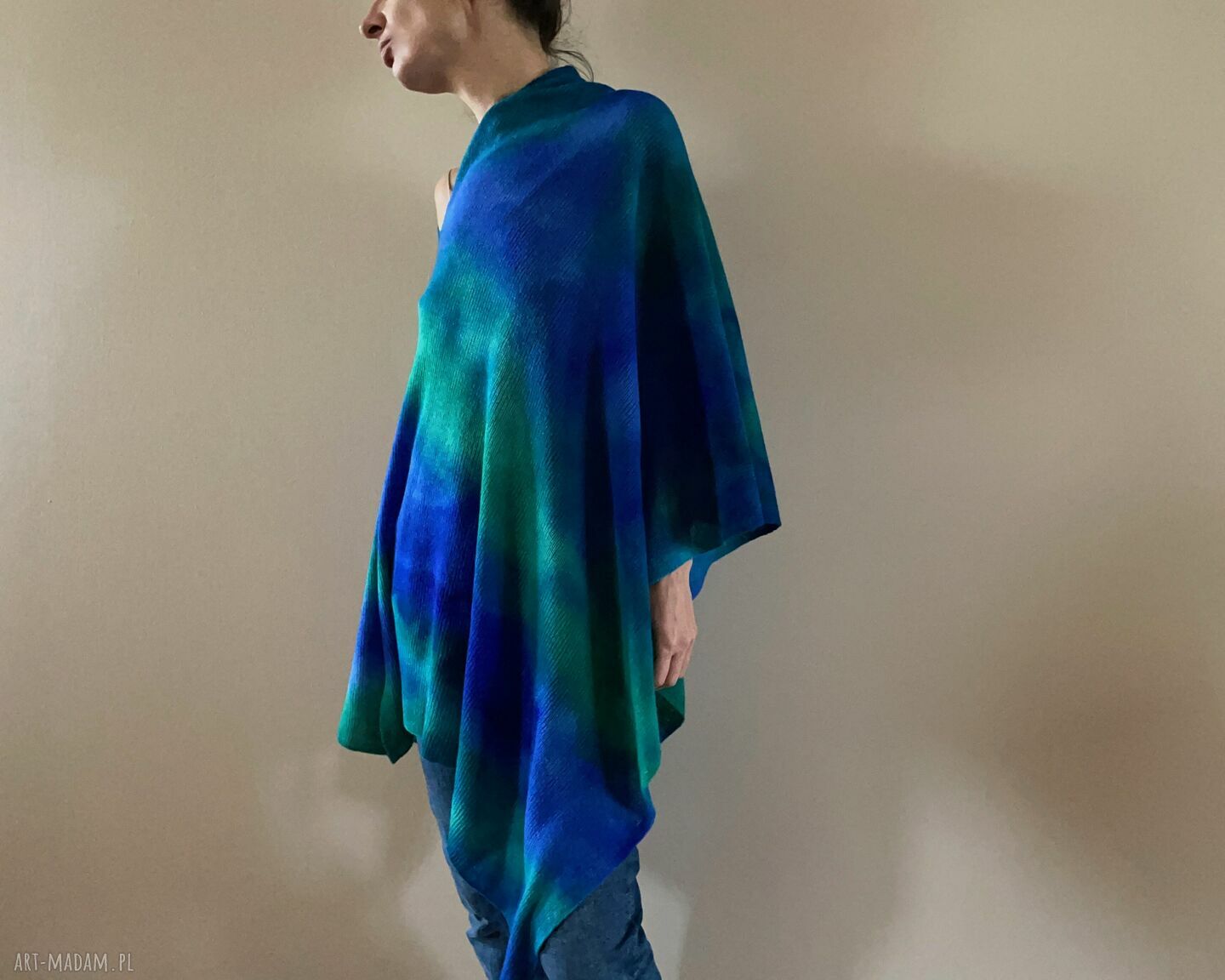 Narzutka z merynosów blue&green - poncho na wiosenne i jesienne chłody