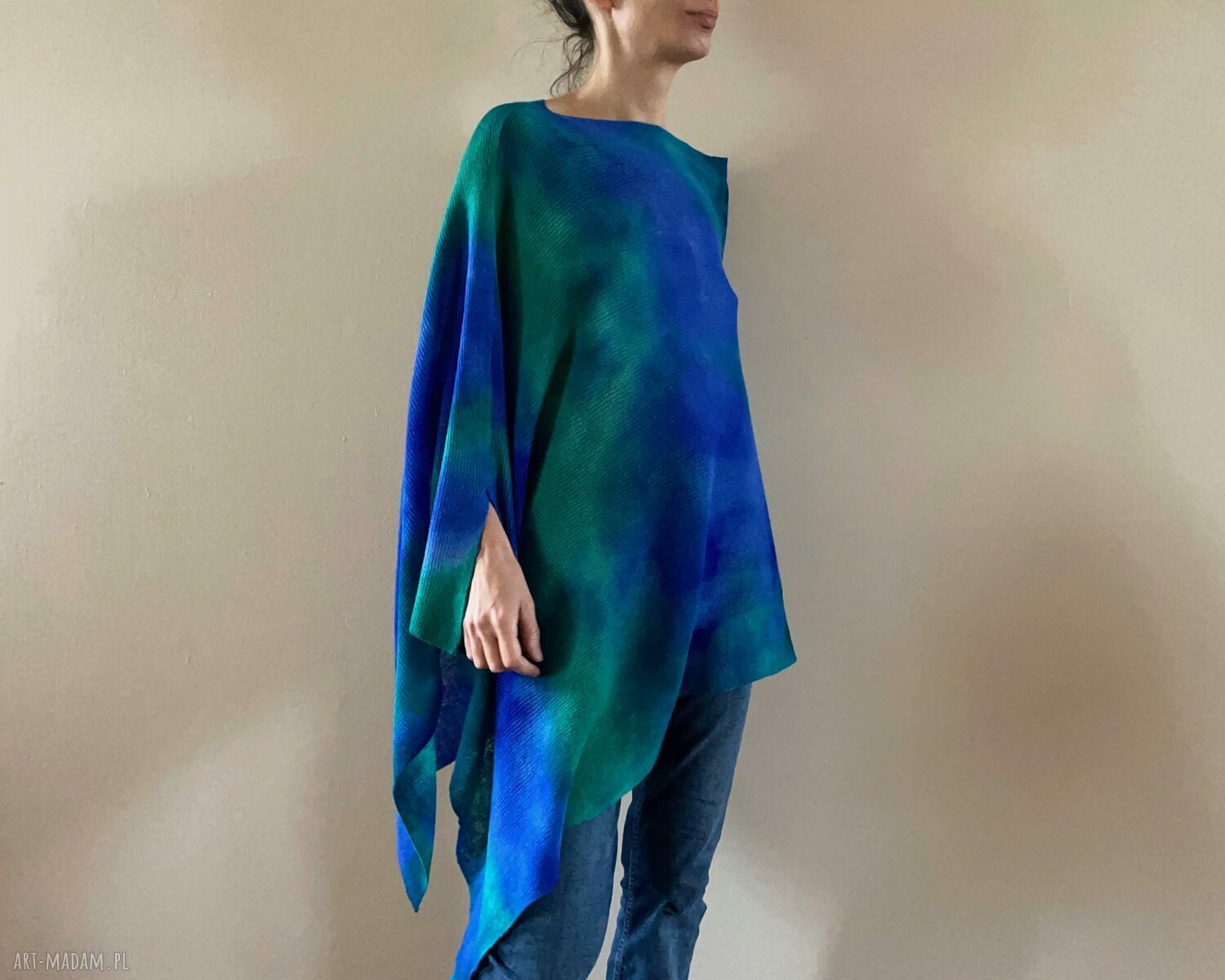 Narzutka z merynosów blue&green - poncho na wiosenne i jesienne chłody