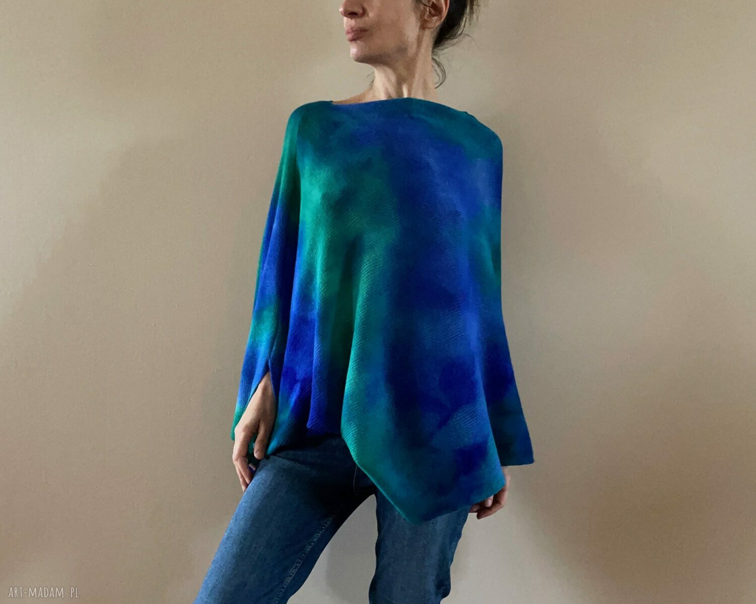 Narzutka z merynosów blue&green - poncho na wiosenne i jesienne chłody