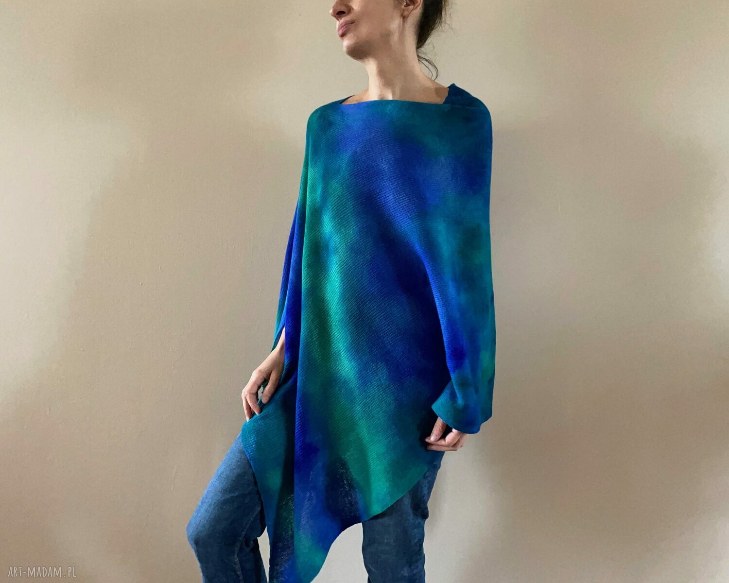 Narzutka z merynosów blue&green - poncho na wiosenne i jesienne chłody