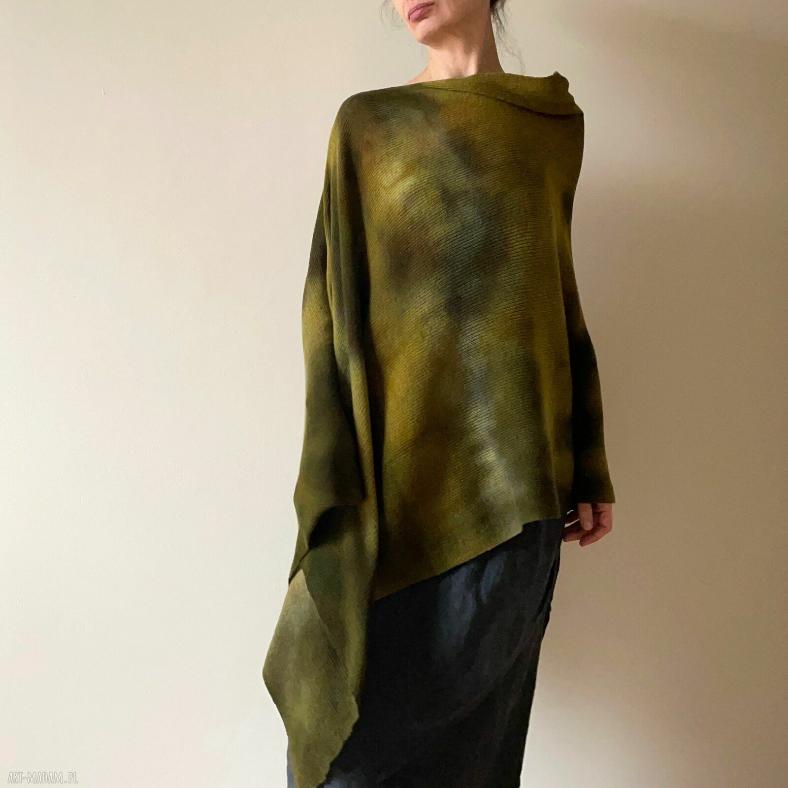 Narzutka z wełny merino khaki i musztarda - unikatowe ponczo handmade