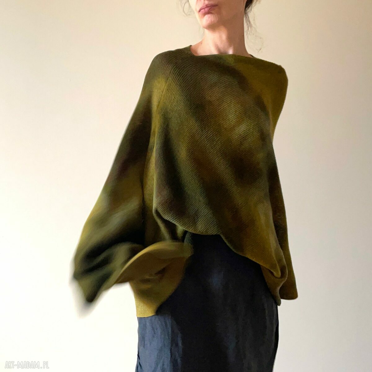 Narzutka z wełny merino khaki i musztarda - unikatowe ponczo handmade