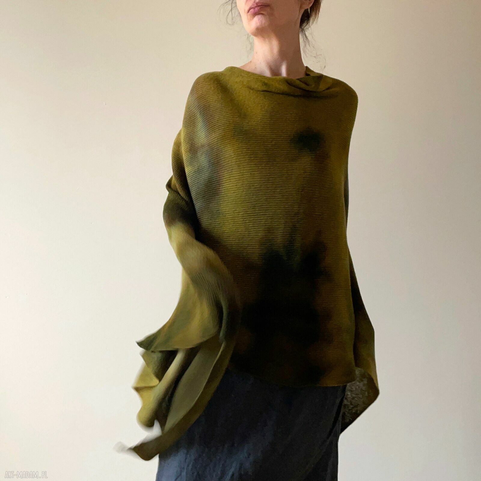 Narzutka z wełny merino khaki i musztarda - unikatowe ponczo handmade