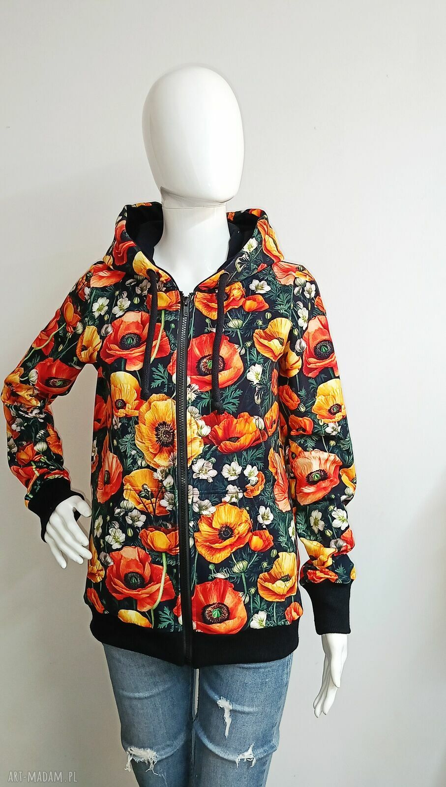 Bluza damska na zamek z kapturem w maki