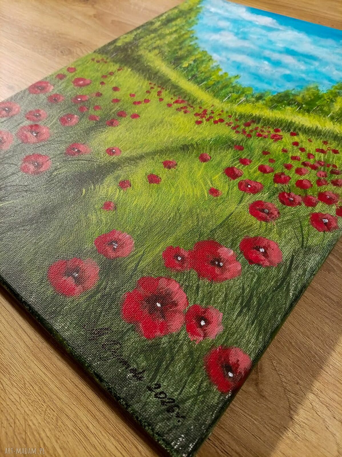 Pejzaż akrylowy 40x30 cm „Wśród karminowych maków” - ręcznie malowany na płótnie