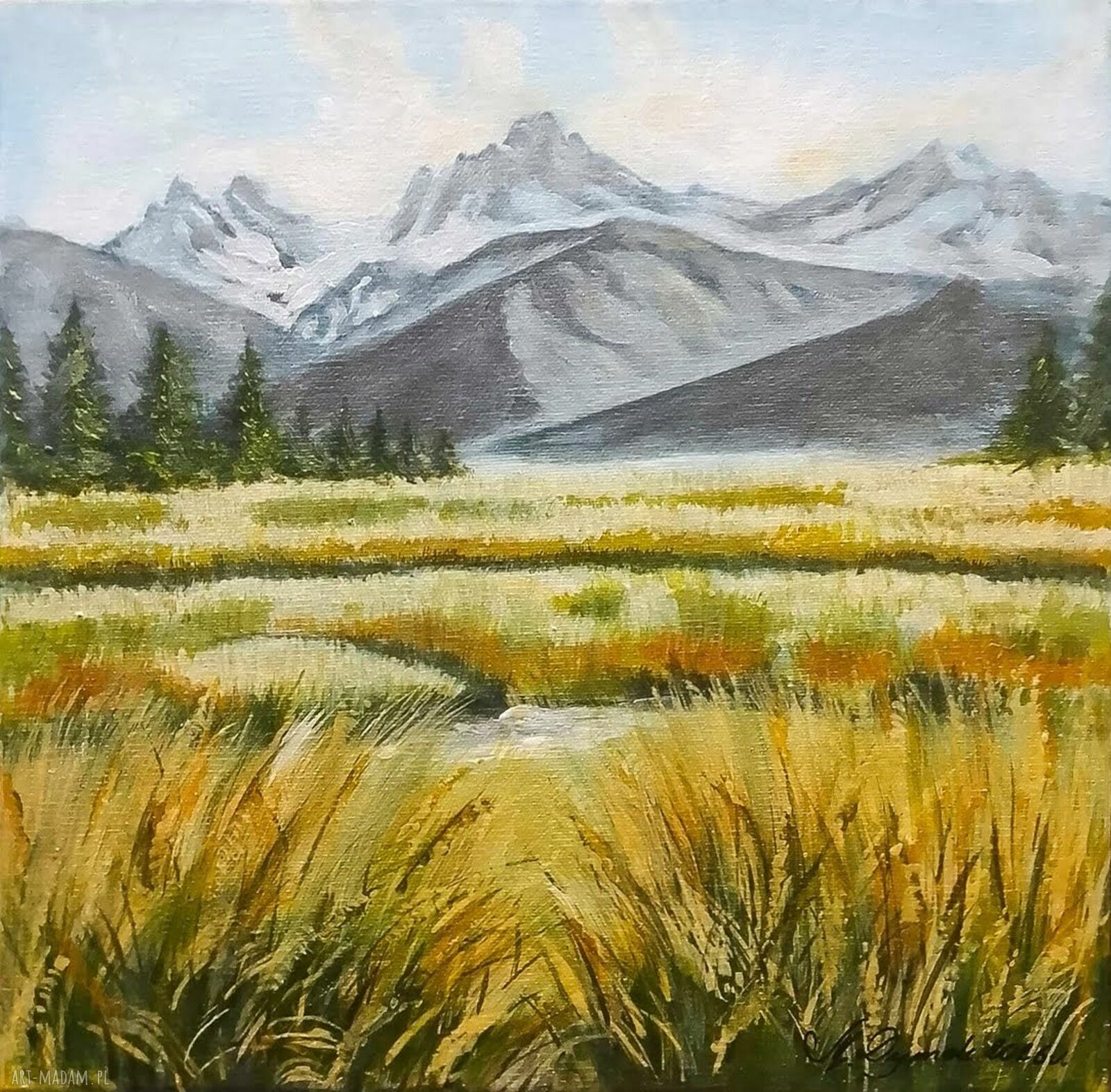 Nastrojowy pejzaż górski na płótnie „Echo gór” 30x30 cm