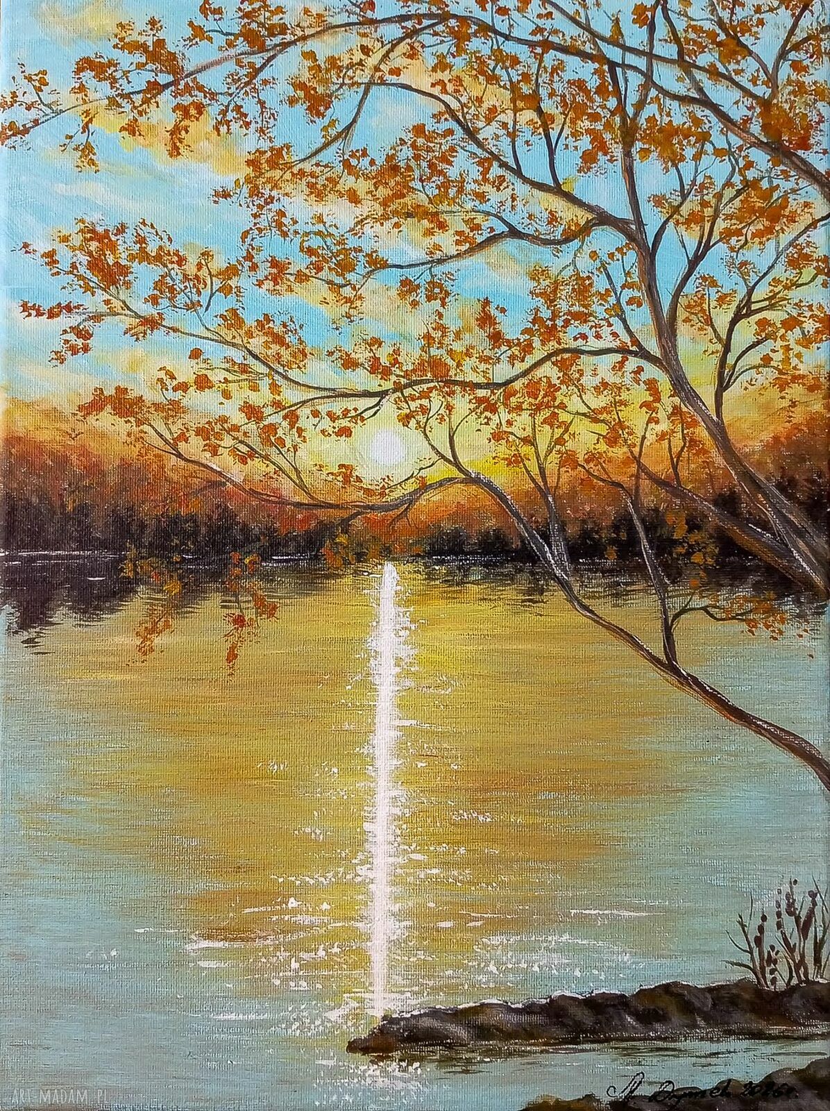 Nastrojowy pejzaż akrylowy na płótnie 40x30 cm - Romantyczne refleksy