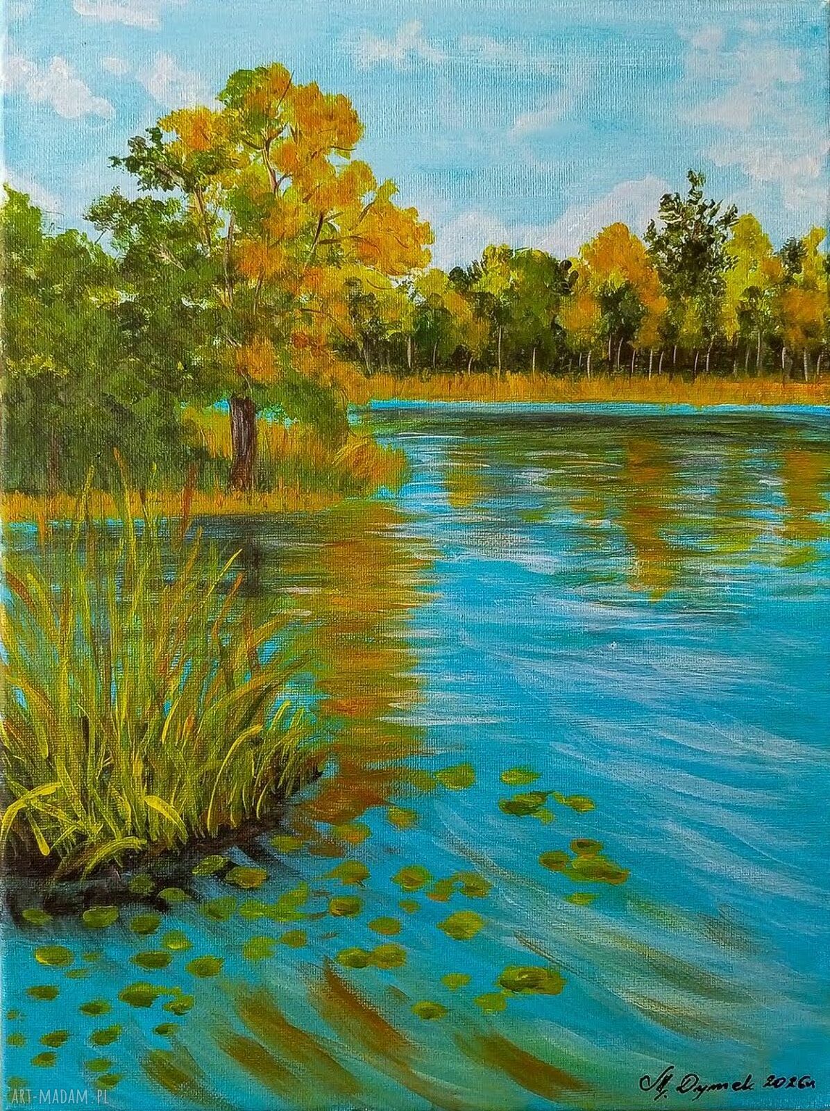 Szum szuwarów - nastrojowy pejzaż akrylowy na płótnie 40x30 cm
